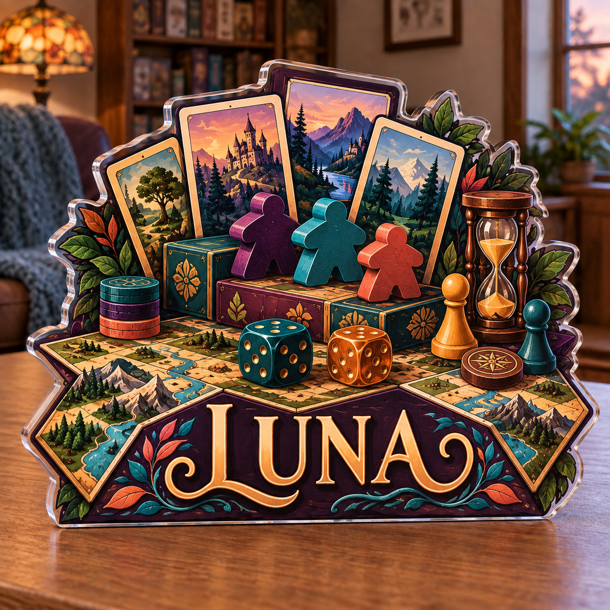 Artwork visualization: Board gaming — retirement hobby gift, personalized LUNA, subject-shaped acrylic with printed optical 3D depth; not carved relief.