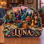 Artwork visualization: Board gaming — retirement hobby gift, personalized LUNA, subject-shaped acrylic with printed optical 3D depth; not carved relief.