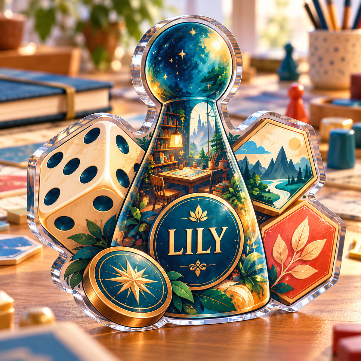 Personalized acrylic plaque with an example name set into the artwork, digital preview