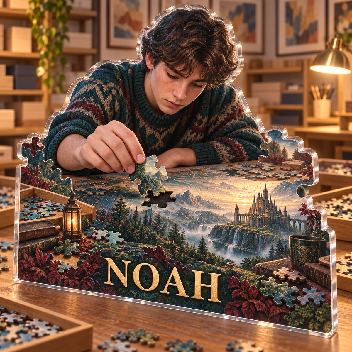 Artwork visualization: Jigsaw puzzling — studio wall identity, personalized NOAH, subject-shaped acrylic with printed optical 3D depth; not carved relief.
