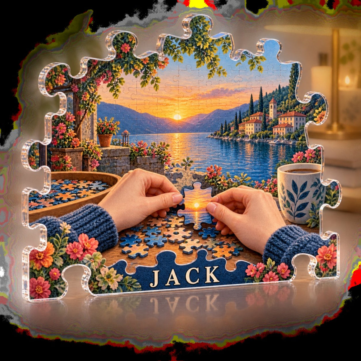 Personalized Jigsaw Puzzling Creative Desk Setup custom shape acrylic plaque with an example name set into the artwork, digital preview