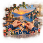 Artwork visualization: Jigsaw puzzling — creative desk setup, personalized JACK, subject-shaped acrylic with printed optical 3D depth; not carved relief.