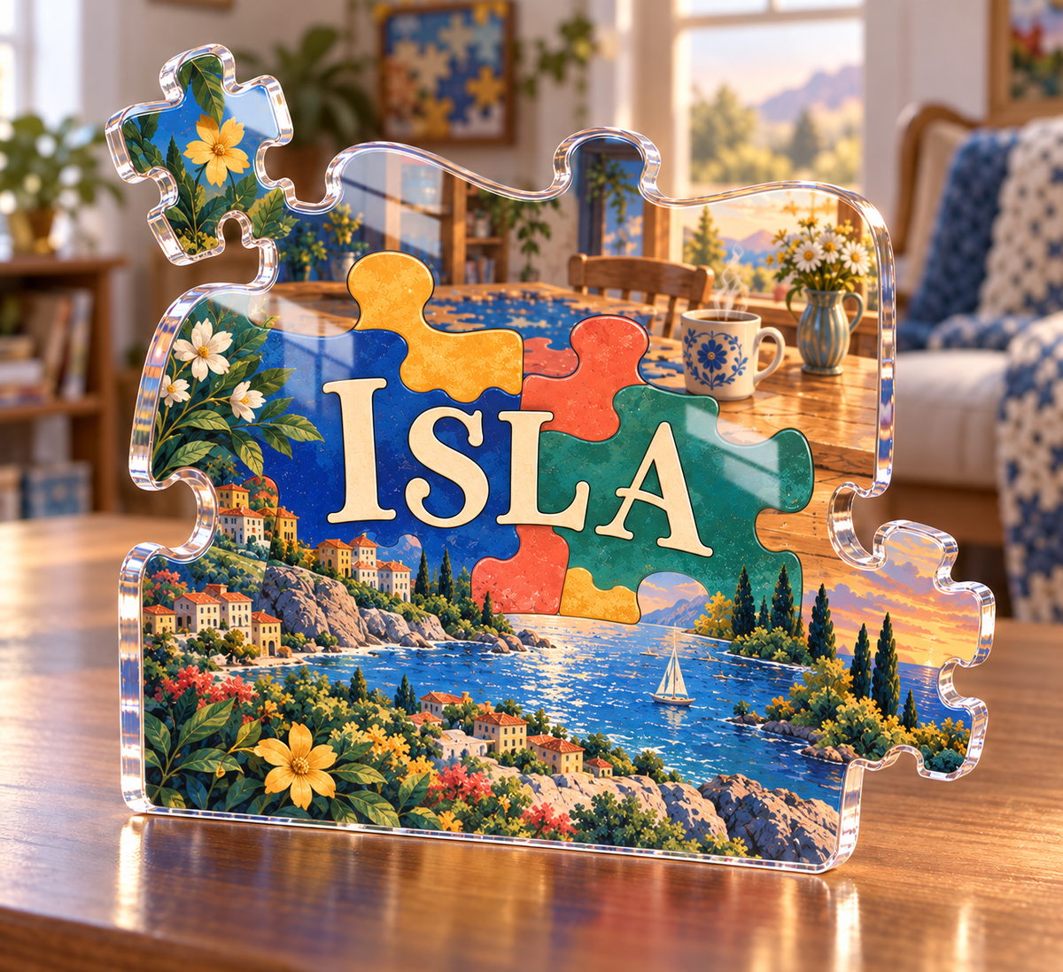 Artwork visualization: Jigsaw puzzling — beginner encouragement, personalized ISLA, subject-shaped acrylic with printed optical 3D depth; not carved relief.