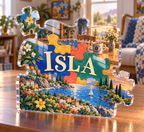 Artwork visualization: Jigsaw puzzling — beginner encouragement, personalized ISLA, subject-shaped acrylic with printed optical 3D depth; not carved relief.