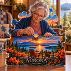 Artwork visualization: Jigsaw puzzling — retirement hobby gift, personalized AURORA, subject-shaped acrylic with printed optical 3D depth; not carved relief.