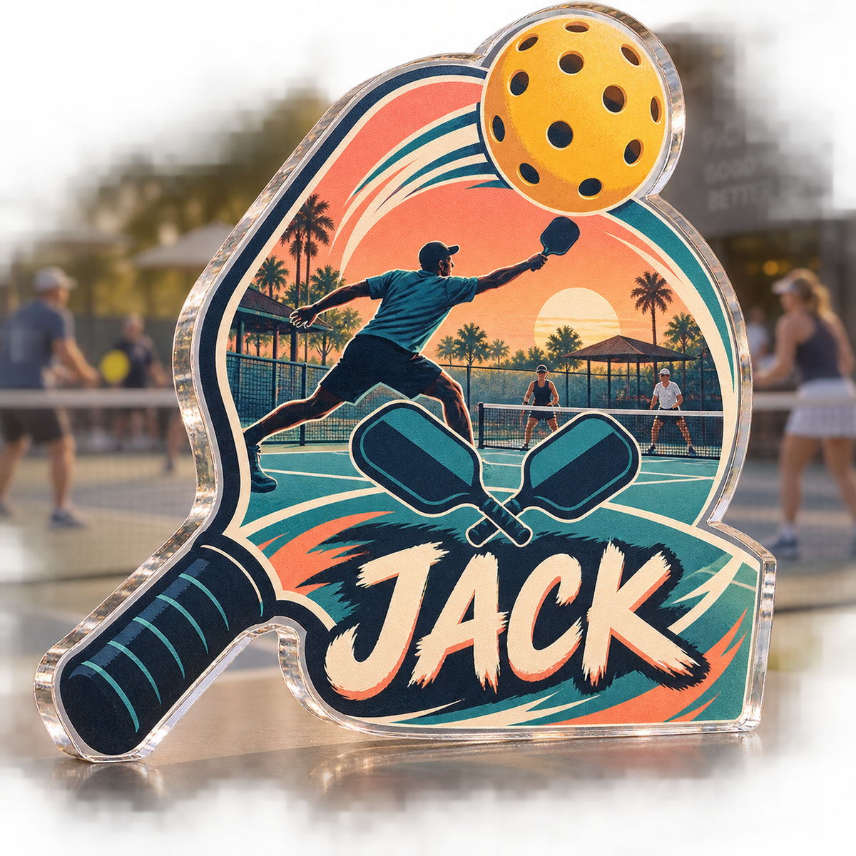 Artwork visualization: Pickleball humor — everyday sport identity, personalized JACK, subject-shaped acrylic with printed optical 3D depth; not carved relief.
