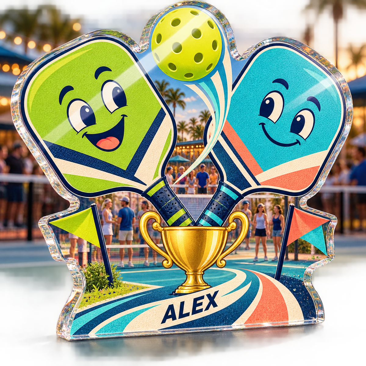 Artwork visualization: Pickleball humor — club social gathering, personalized ALEX, subject-shaped acrylic with printed optical 3D depth; not carved relief.