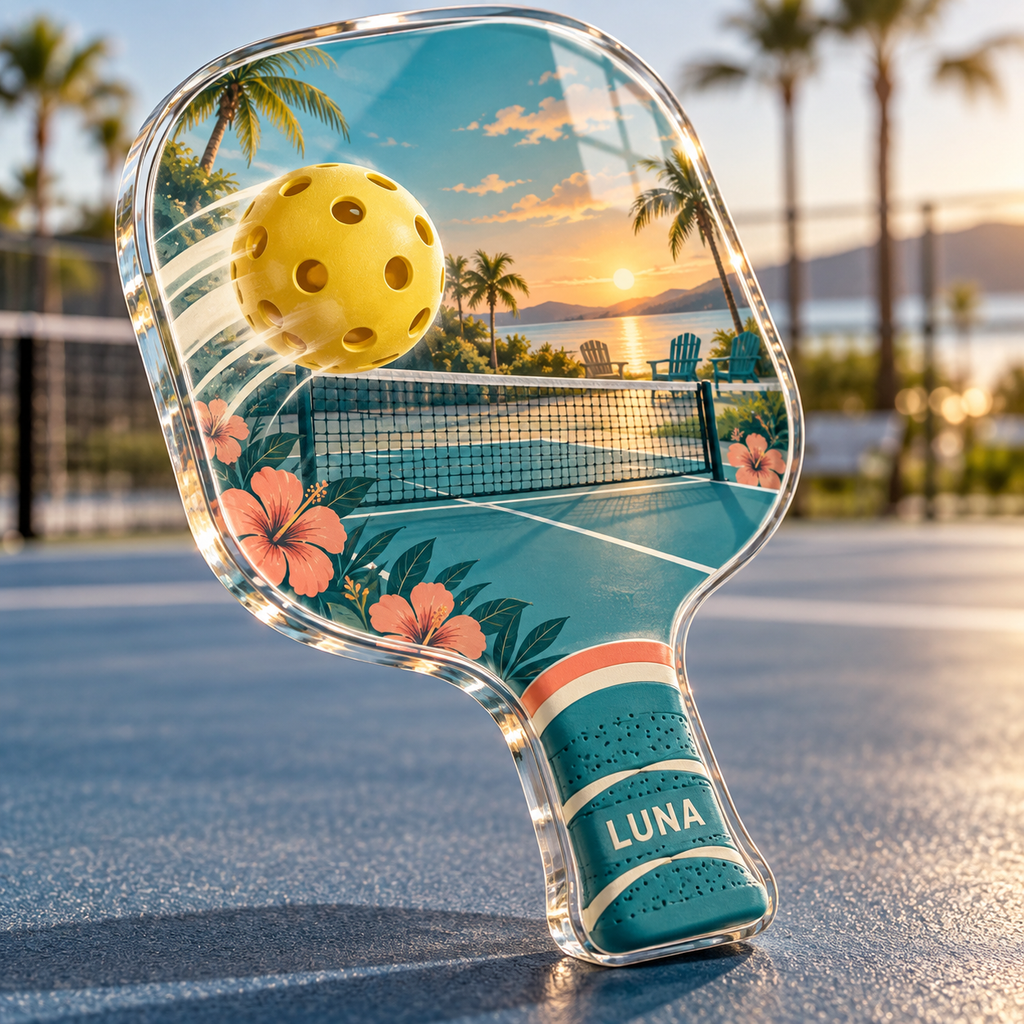 Artwork visualization: Pickleball humor — retirement adventure gift, personalized LUNA, subject-shaped acrylic with printed optical 3D depth; not carved relief.