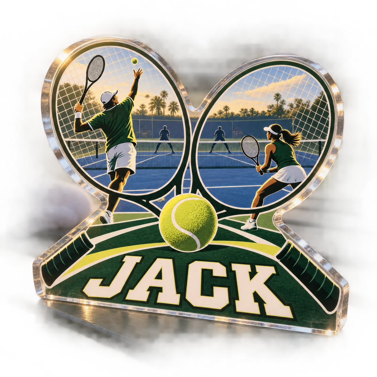 Artwork visualization: Tennis doubles — everyday sport identity, personalized JACK, subject-shaped acrylic with printed optical 3D depth; not carved relief.