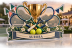 Artwork visualization: Tennis doubles — club social gathering, personalized AURORA, subject-shaped acrylic with printed optical 3D depth; not carved relief.