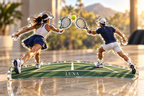 Artwork visualization: Tennis doubles — retirement adventure gift, personalized LUNA, subject-shaped acrylic with printed optical 3D depth; not carved relief.