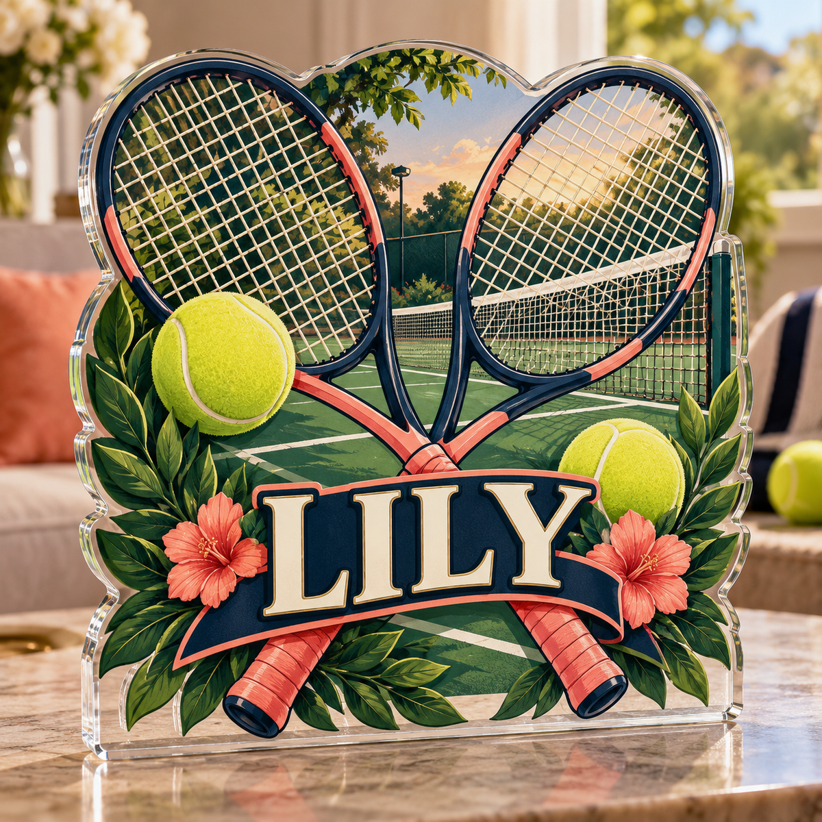 Artwork visualization: Tennis doubles — birthday fan gift, personalized LILY, subject-shaped acrylic with printed optical 3D depth; not carved relief.