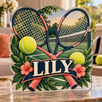 Artwork visualization: Tennis doubles — birthday fan gift, personalized LILY, subject-shaped acrylic with printed optical 3D depth; not carved relief.