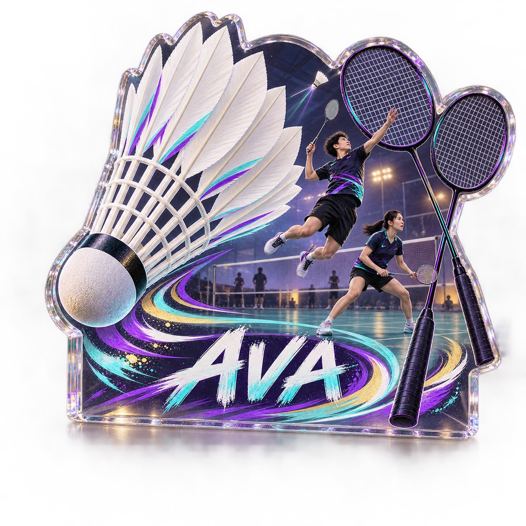 Artwork visualization: Badminton club — everyday sport identity, personalized AVA, subject-shaped acrylic with printed optical 3D depth; not carved relief.
