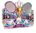 Artwork visualization: Badminton club — club social gathering, personalized ISLA, subject-shaped acrylic with printed optical 3D depth; not carved relief.
