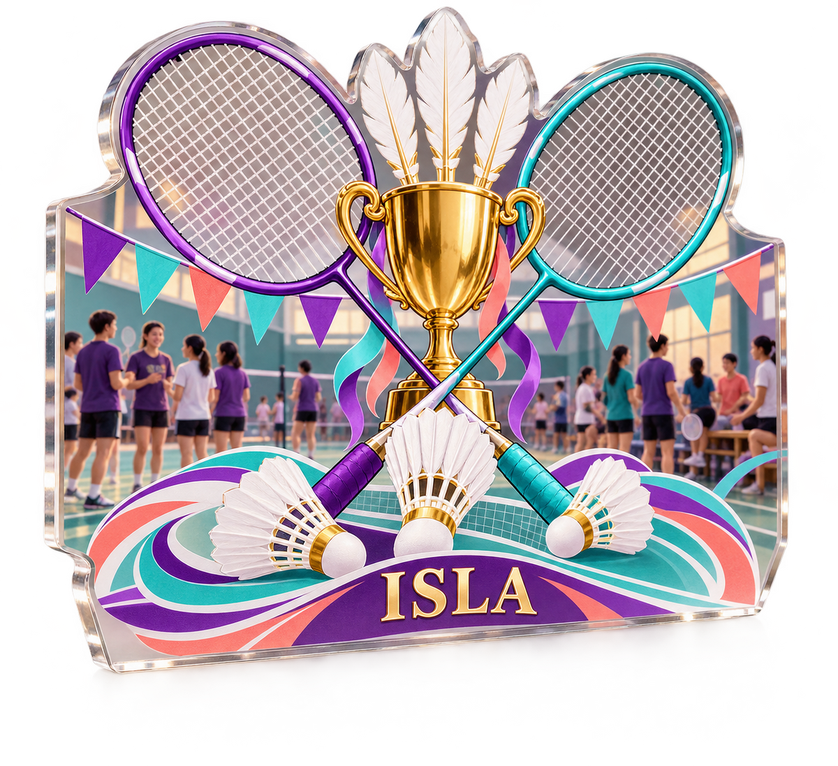 Artwork visualization: Badminton club — club social gathering, personalized ISLA, subject-shaped acrylic with printed optical 3D depth; not carved relief.
