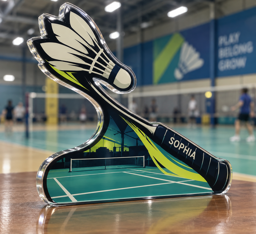 Artwork visualization: Badminton club — personal achievement keepsake, personalized SOPHIA, subject-shaped acrylic with printed optical 3D depth; not carved relief.