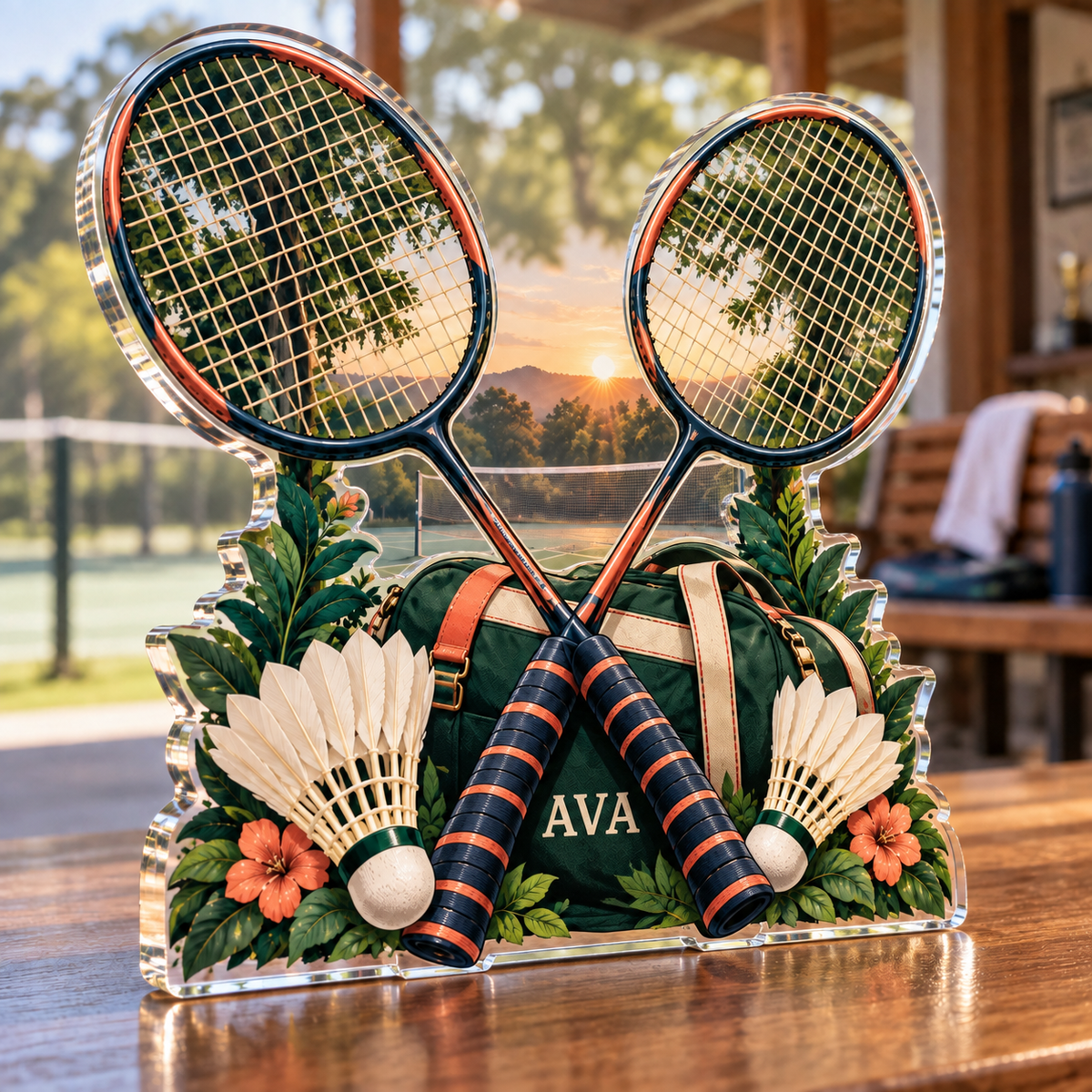 Artwork visualization: Badminton club — retirement adventure gift, personalized AVA, subject-shaped acrylic with printed optical 3D depth; not carved relief.