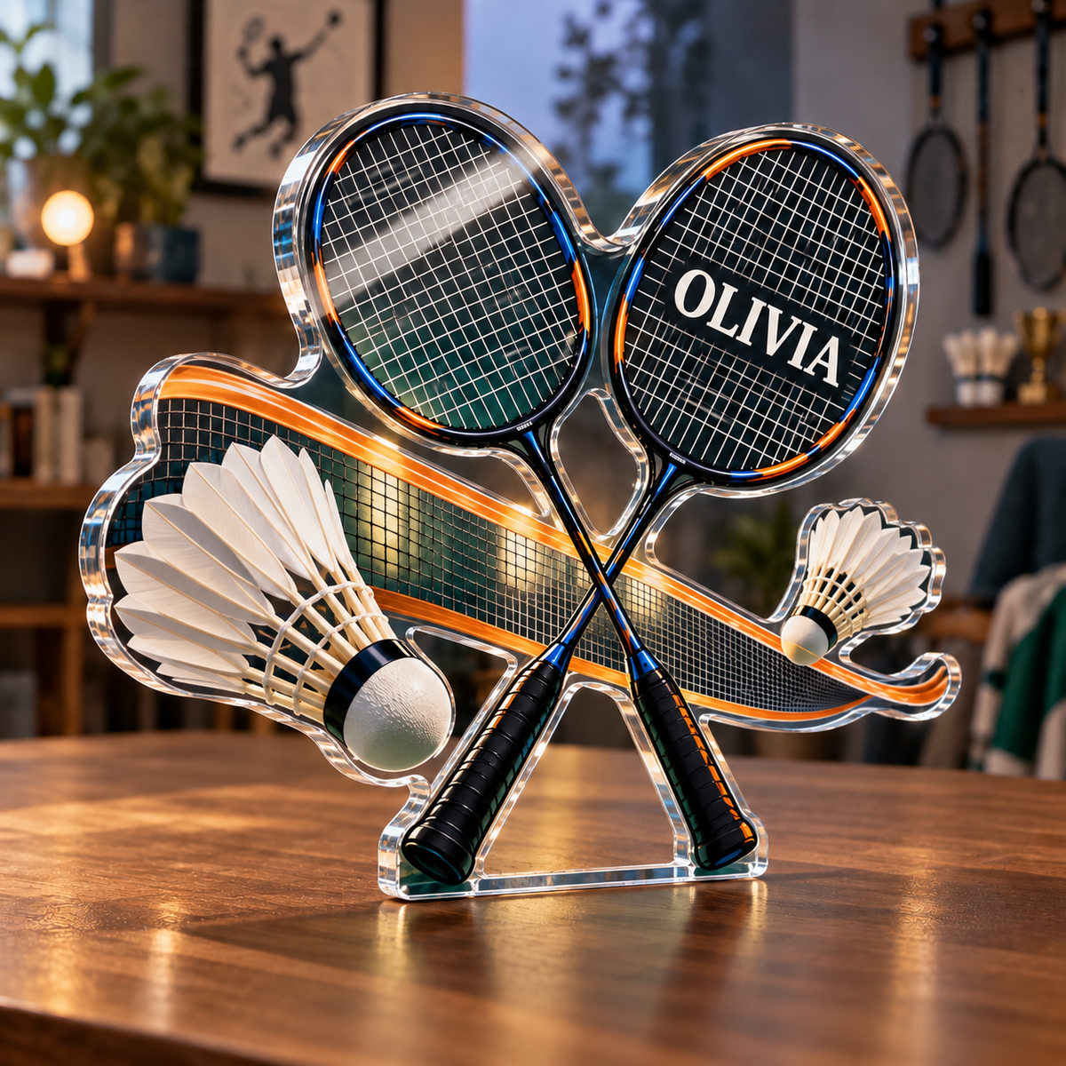 Artwork visualization: Badminton club — home hobby room decor, personalized OLIVIA, subject-shaped acrylic with printed optical 3D depth; not carved relief.