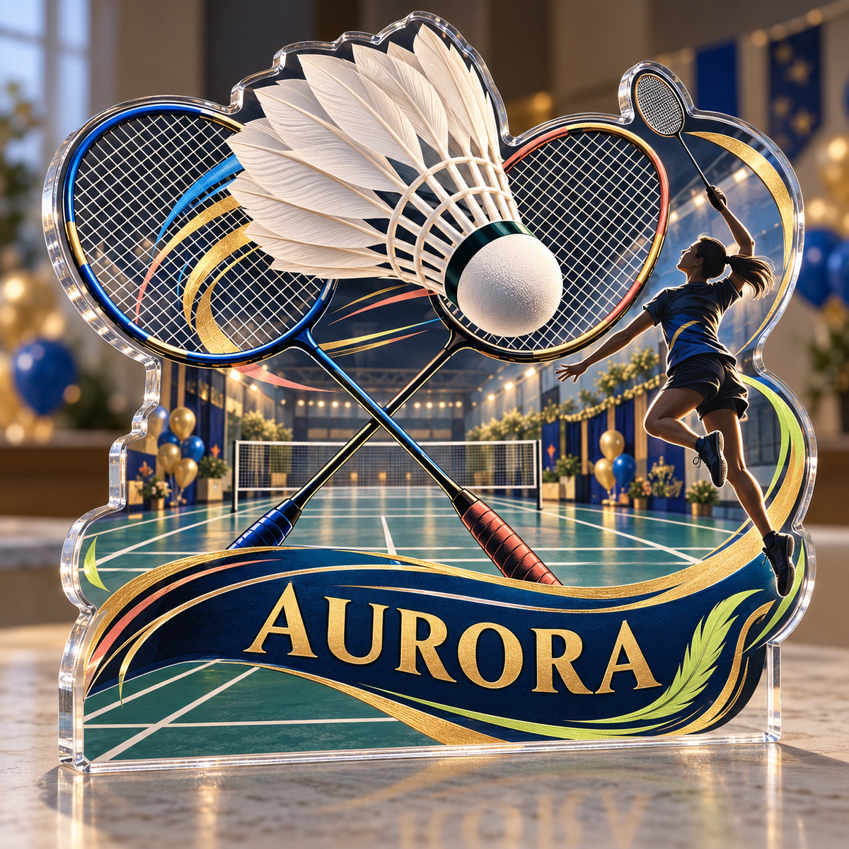 Artwork visualization: Badminton club — birthday fan gift, personalized AURORA, subject-shaped acrylic with printed optical 3D depth; not carved relief.