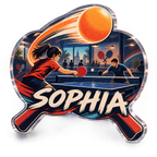 Artwork visualization: Table tennis — everyday sport identity, personalized SOPHIA, subject-shaped acrylic with printed optical 3D depth; not carved relief.