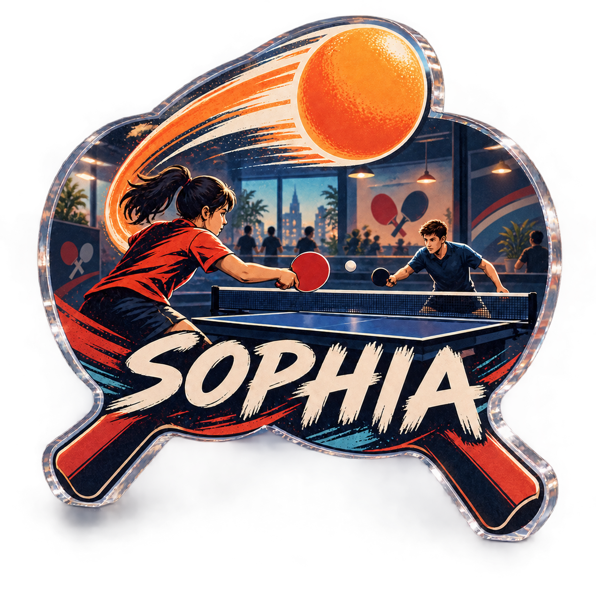 Artwork visualization: Table tennis — everyday sport identity, personalized SOPHIA, subject-shaped acrylic with printed optical 3D depth; not carved relief.