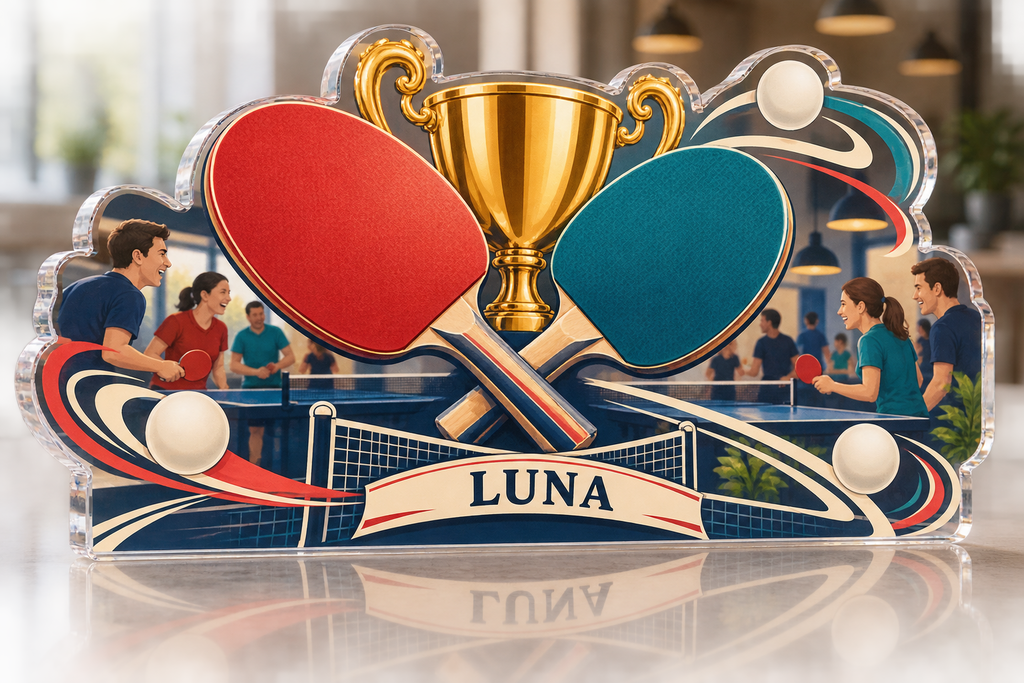 Artwork visualization: Table tennis — club social gathering, personalized LUNA, subject-shaped acrylic with printed optical 3D depth; not carved relief.