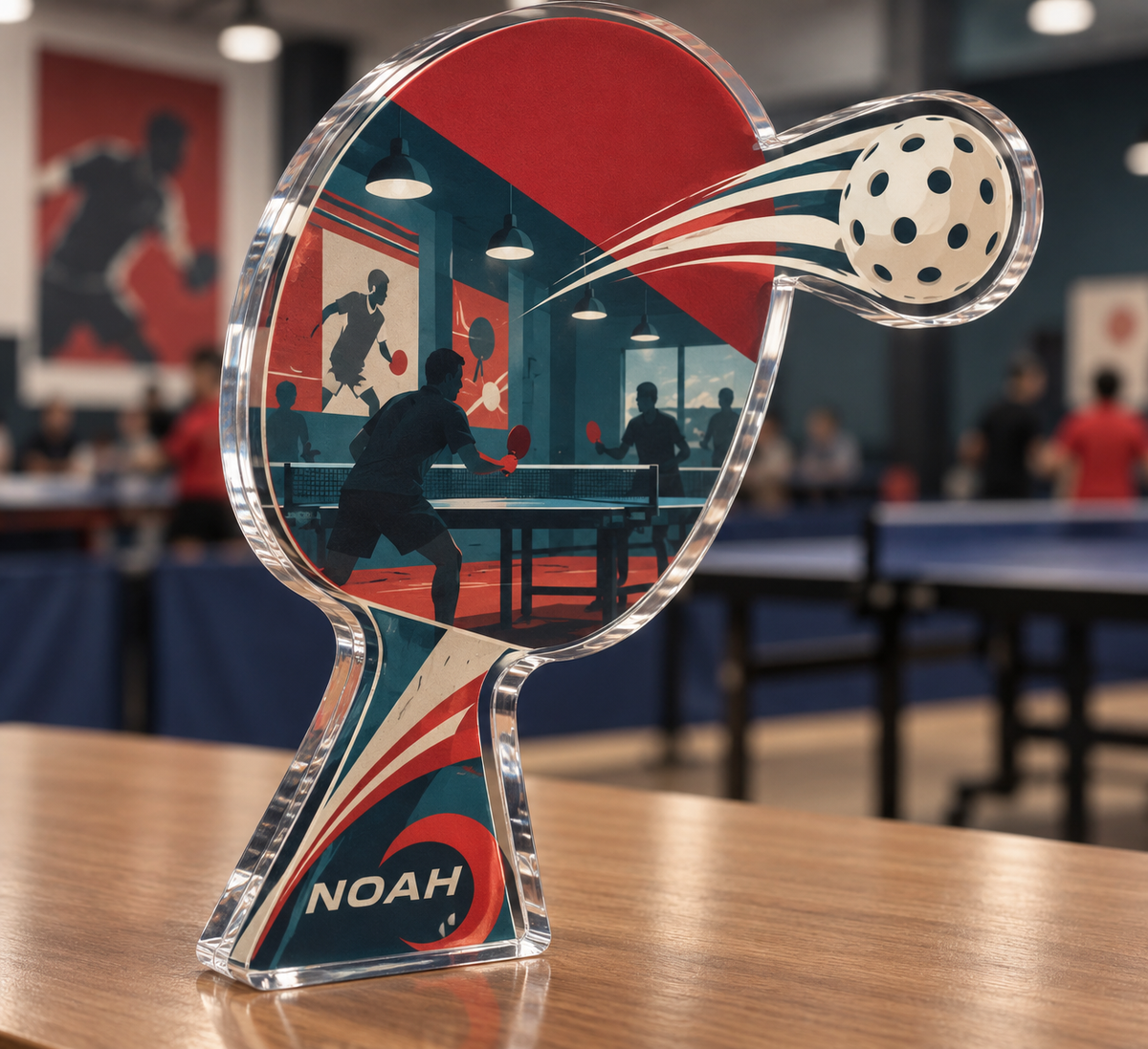 Artwork visualization: Table tennis — personal achievement keepsake, personalized NOAH, subject-shaped acrylic with printed optical 3D depth; not carved relief.