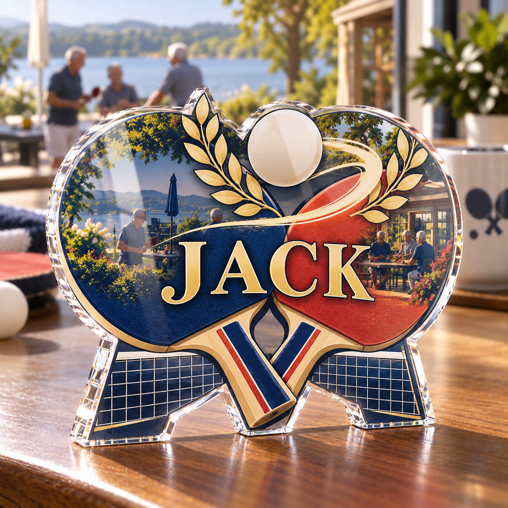 Artwork visualization: Table tennis — retirement adventure gift, personalized JACK, subject-shaped acrylic with printed optical 3D depth; not carved relief.