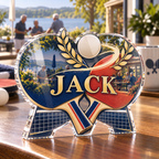 Artwork visualization: Table tennis — retirement adventure gift, personalized JACK, subject-shaped acrylic with printed optical 3D depth; not carved relief.