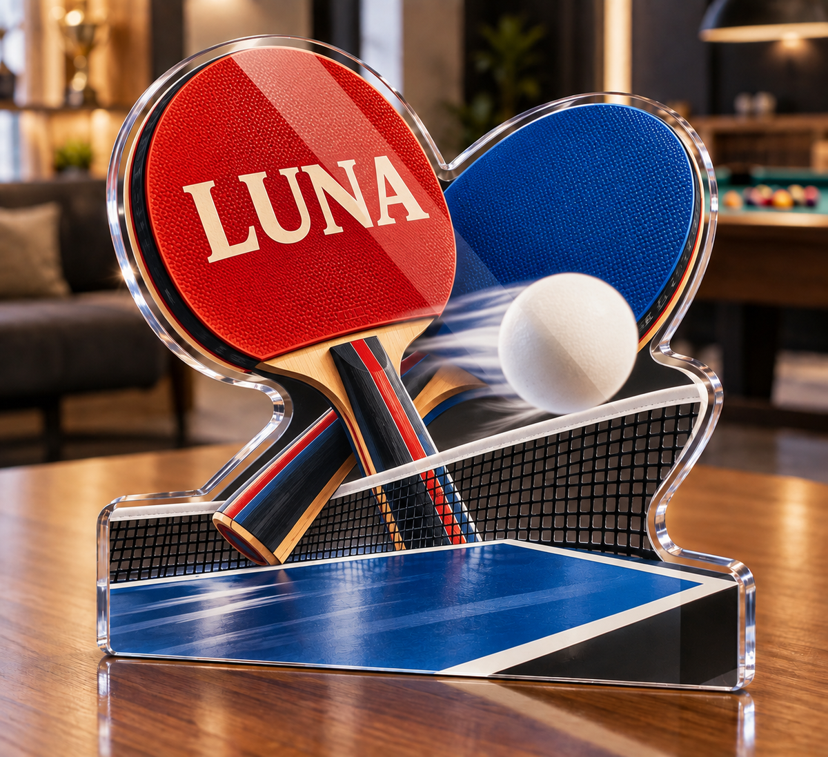 Artwork visualization: Table tennis — home hobby room decor, personalized LUNA, subject-shaped acrylic with printed optical 3D depth; not carved relief.