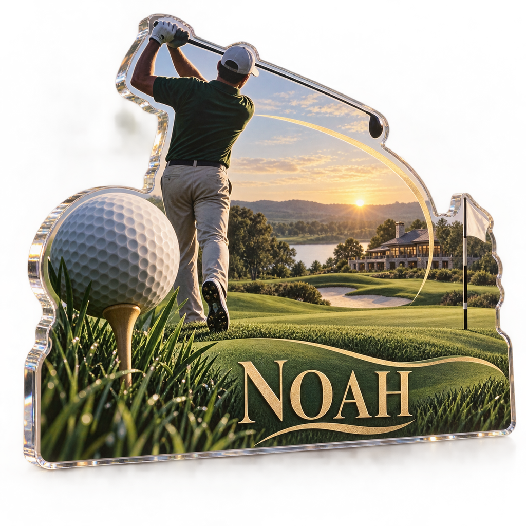 Artwork visualization: Golf weekend — everyday sport identity, personalized NOAH, subject-shaped acrylic with printed optical 3D depth; not carved relief.
