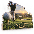 Artwork visualization: Golf weekend — everyday sport identity, personalized NOAH, subject-shaped acrylic with printed optical 3D depth; not carved relief.