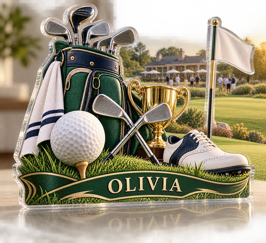 Artwork visualization: Golf weekend — club social gathering, personalized OLIVIA, subject-shaped acrylic with printed optical 3D depth; not carved relief.