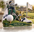 Artwork visualization: Golf weekend — club social gathering, personalized OLIVIA, subject-shaped acrylic with printed optical 3D depth; not carved relief.