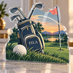 Artwork visualization: Golf weekend — retirement adventure gift, personalized ISLA, subject-shaped acrylic with printed optical 3D depth; not carved relief.