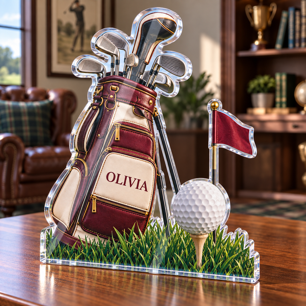 Artwork visualization: Golf weekend — home hobby room decor, personalized OLIVIA, subject-shaped acrylic with printed optical 3D depth; not carved relief.