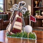 Artwork visualization: Golf weekend — home hobby room decor, personalized OLIVIA, subject-shaped acrylic with printed optical 3D depth; not carved relief.