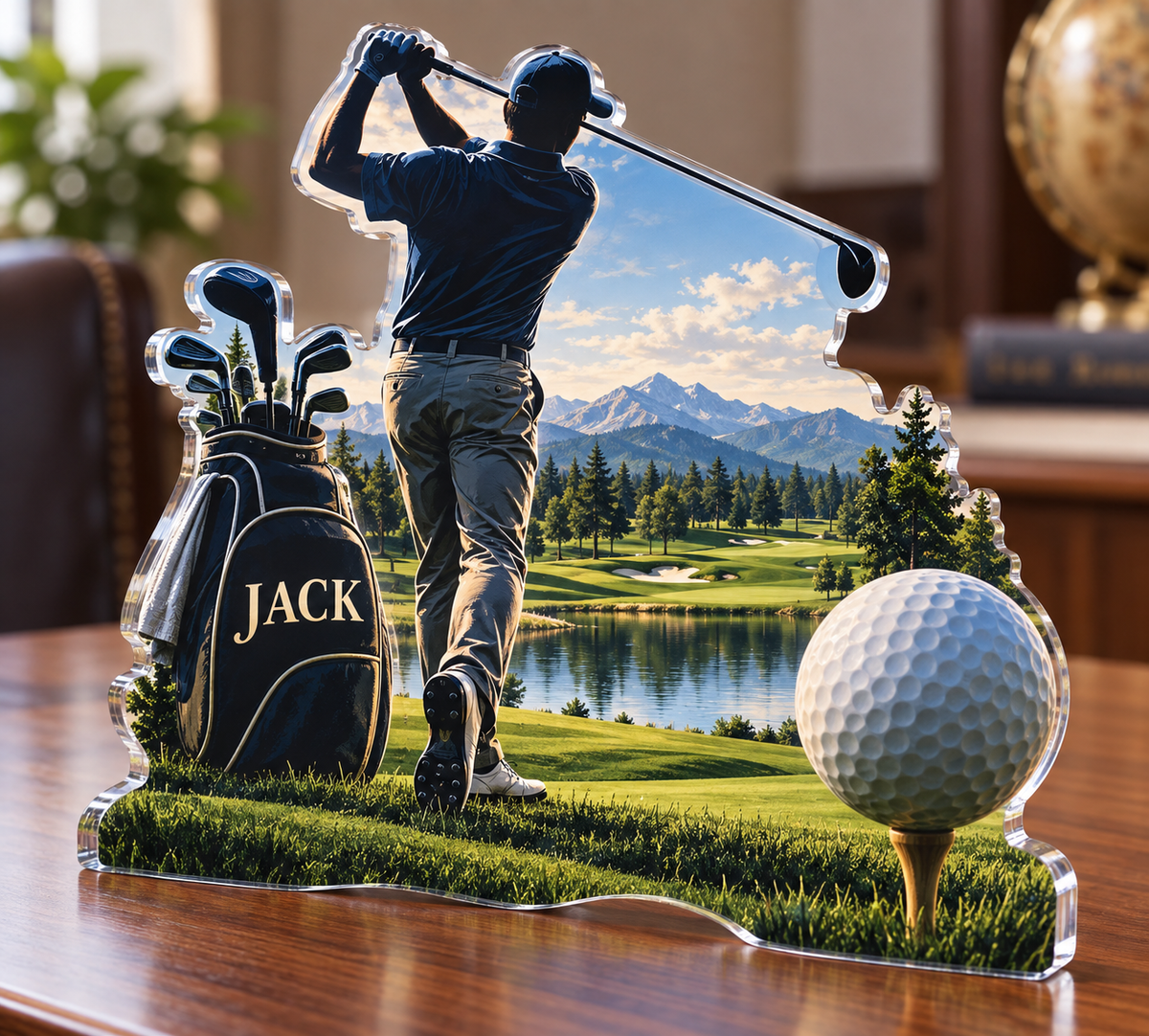 Artwork visualization: Golf weekend — birthday fan gift, personalized JACK, subject-shaped acrylic with printed optical 3D depth; not carved relief.