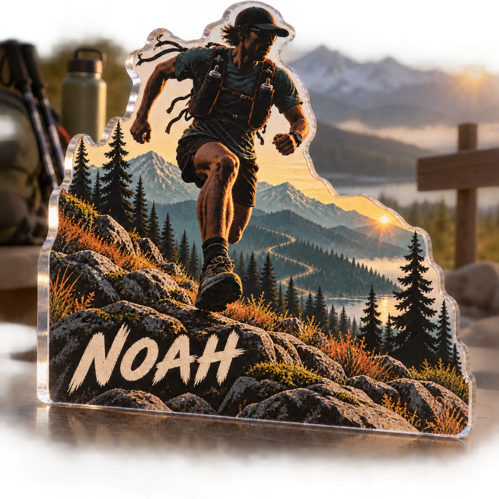 Artwork visualization: Trail running — everyday sport identity, personalized NOAH, subject-shaped acrylic with printed optical 3D depth; not carved relief.