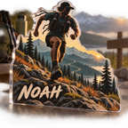 Artwork visualization: Trail running — everyday sport identity, personalized NOAH, subject-shaped acrylic with printed optical 3D depth; not carved relief.