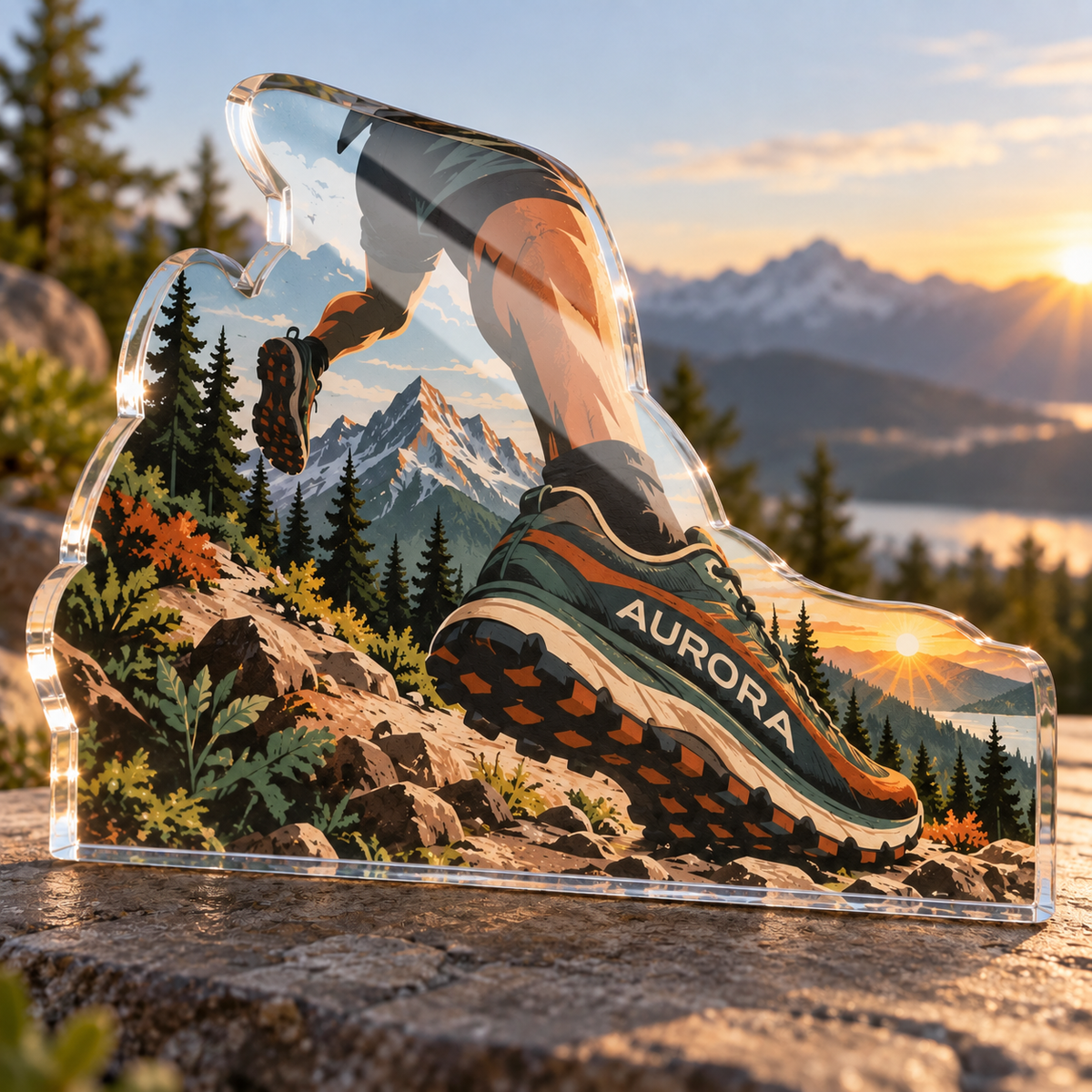 Artwork visualization: Trail running — retirement adventure gift, personalized AURORA, subject-shaped acrylic with printed optical 3D depth; not carved relief.