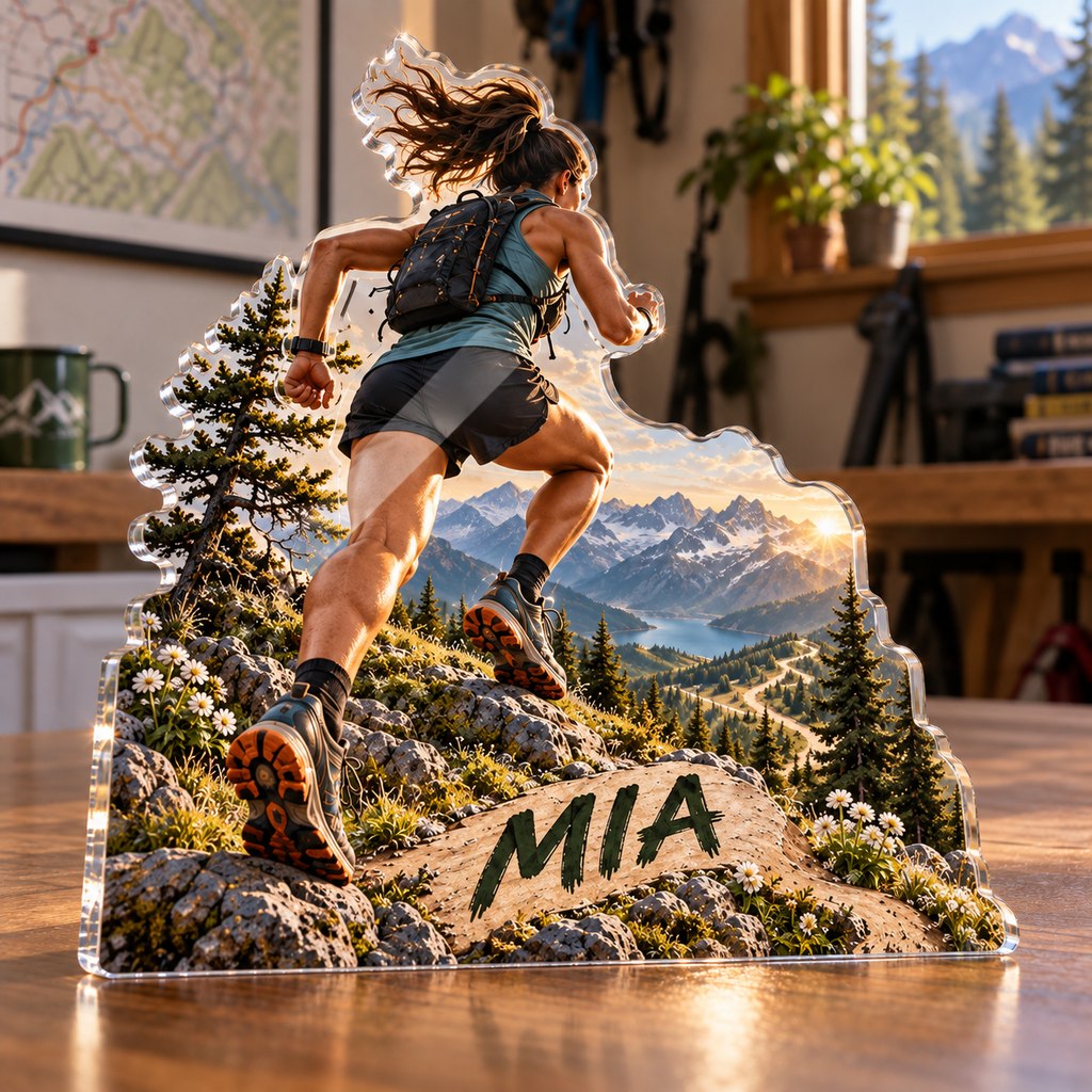 Artwork visualization: Trail running — home hobby room decor, personalized MIA, subject-shaped acrylic with printed optical 3D depth; not carved relief.