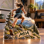 Artwork visualization: Trail running — home hobby room decor, personalized MIA, subject-shaped acrylic with printed optical 3D depth; not carved relief.