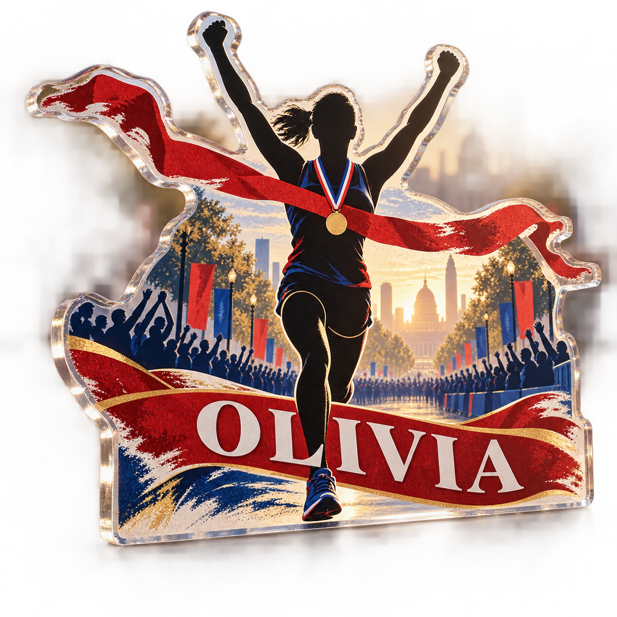Artwork visualization: Marathon finisher — everyday sport identity, personalized OLIVIA, subject-shaped acrylic with printed optical 3D depth; not carved relief.