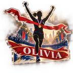 Artwork visualization: Marathon finisher — everyday sport identity, personalized OLIVIA, subject-shaped acrylic with printed optical 3D depth; not carved relief.