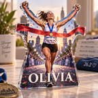 Artwork visualization: Marathon finisher — personal achievement keepsake, personalized OLIVIA, subject-shaped acrylic with printed optical 3D depth; not carved relief.