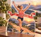 Artwork visualization: Marathon finisher — retirement adventure gift, personalized SOPHIA, subject-shaped acrylic with printed optical 3D depth; not carved relief.