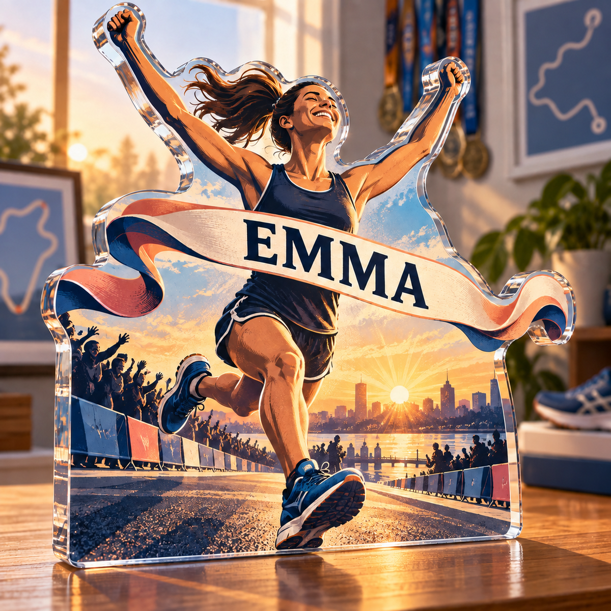 Artwork visualization: Marathon finisher — home hobby room decor, personalized EMMA, subject-shaped acrylic with printed optical 3D depth; not carved relief.