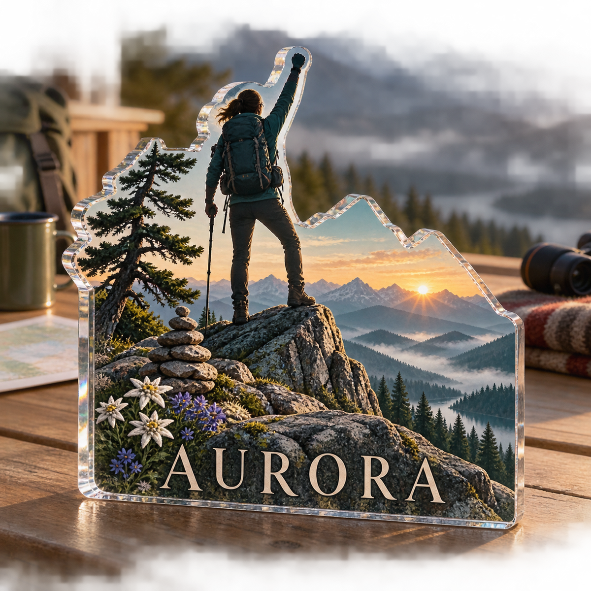 Artwork visualization: Hiking summit — everyday sport identity, personalized AURORA, subject-shaped acrylic with printed optical 3D depth; not carved relief.